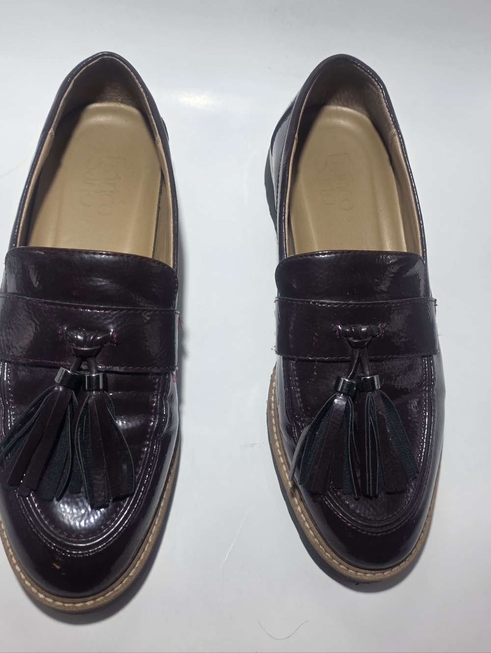 Franco Sarto Tassel Loafers Women’s 8.5 Brown Patent Leather Slip On Comfort